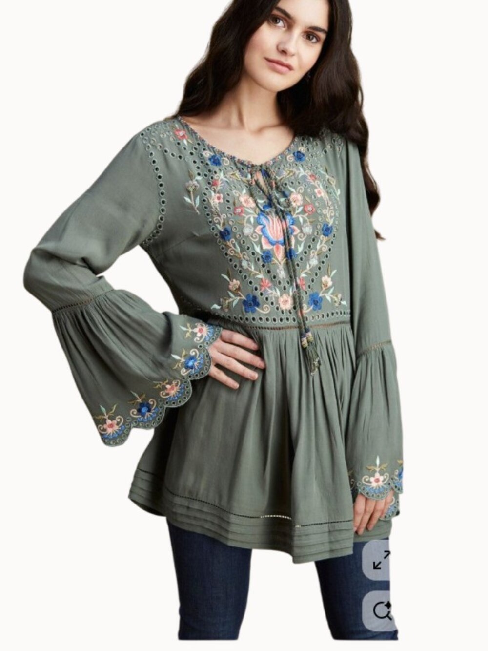 Soft Surroundings Green Babydoll Embroidered Beaded Boho Top‎ Size PM